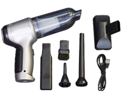 EZVac Pro handheld vacuum with crevice tool, brush head, extension tube and USB-C charging cable