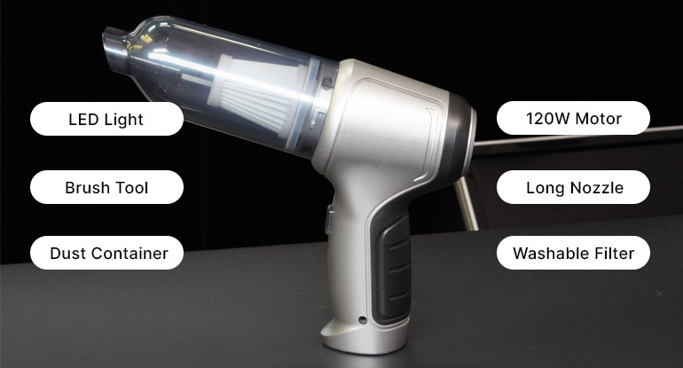 EZVac Pro features labelled: LED light, brush tool, dust container, 120W motor, long nozzle and washable filter